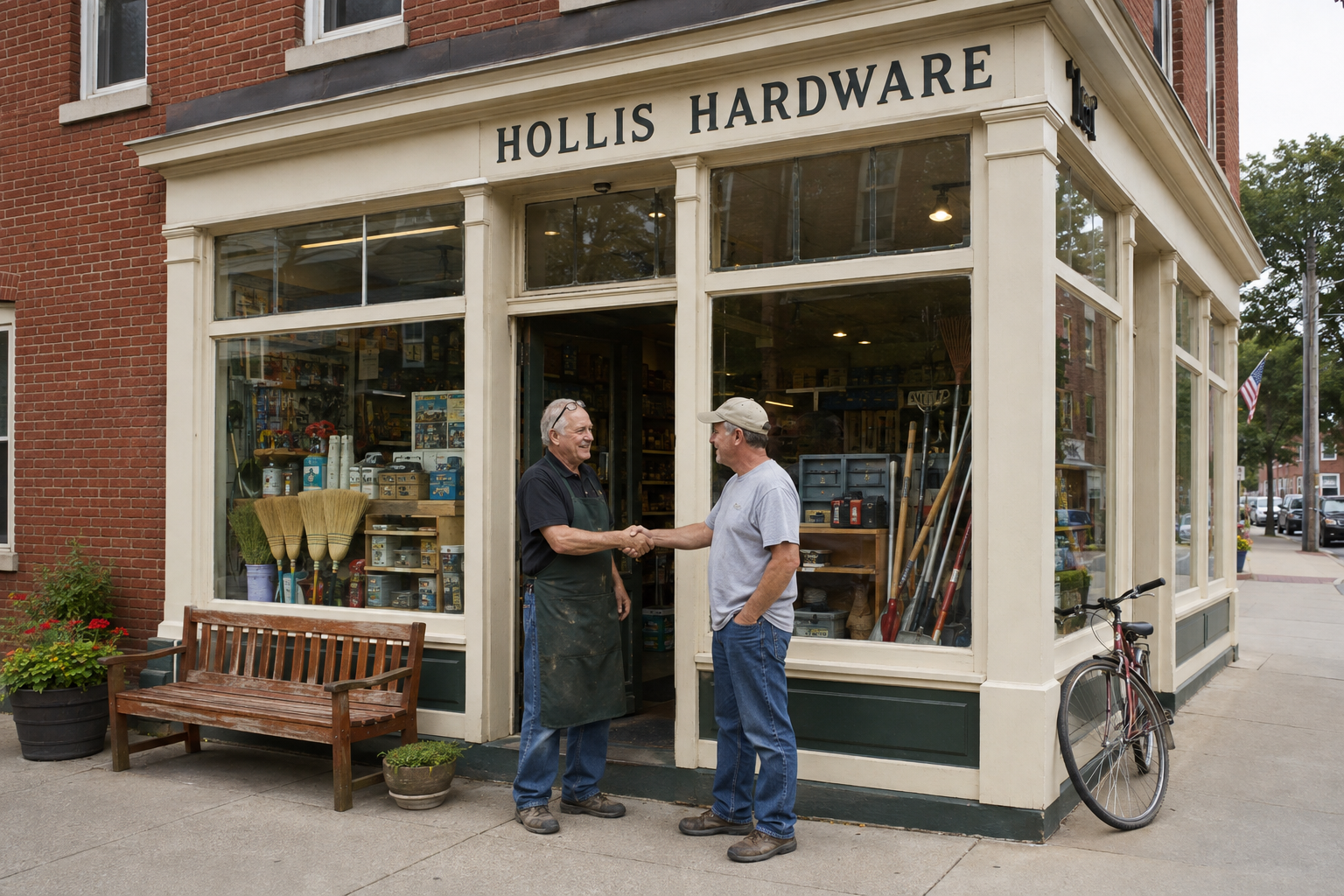 The Hollis Hardware storefront on a corner, Ray shaking hands with a neighbor out front by the bench and bike.