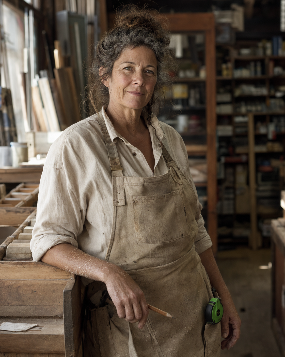 Sarah, a carpenter, in a canvas apron with a pencil in hand and a green tape measure at her waist.