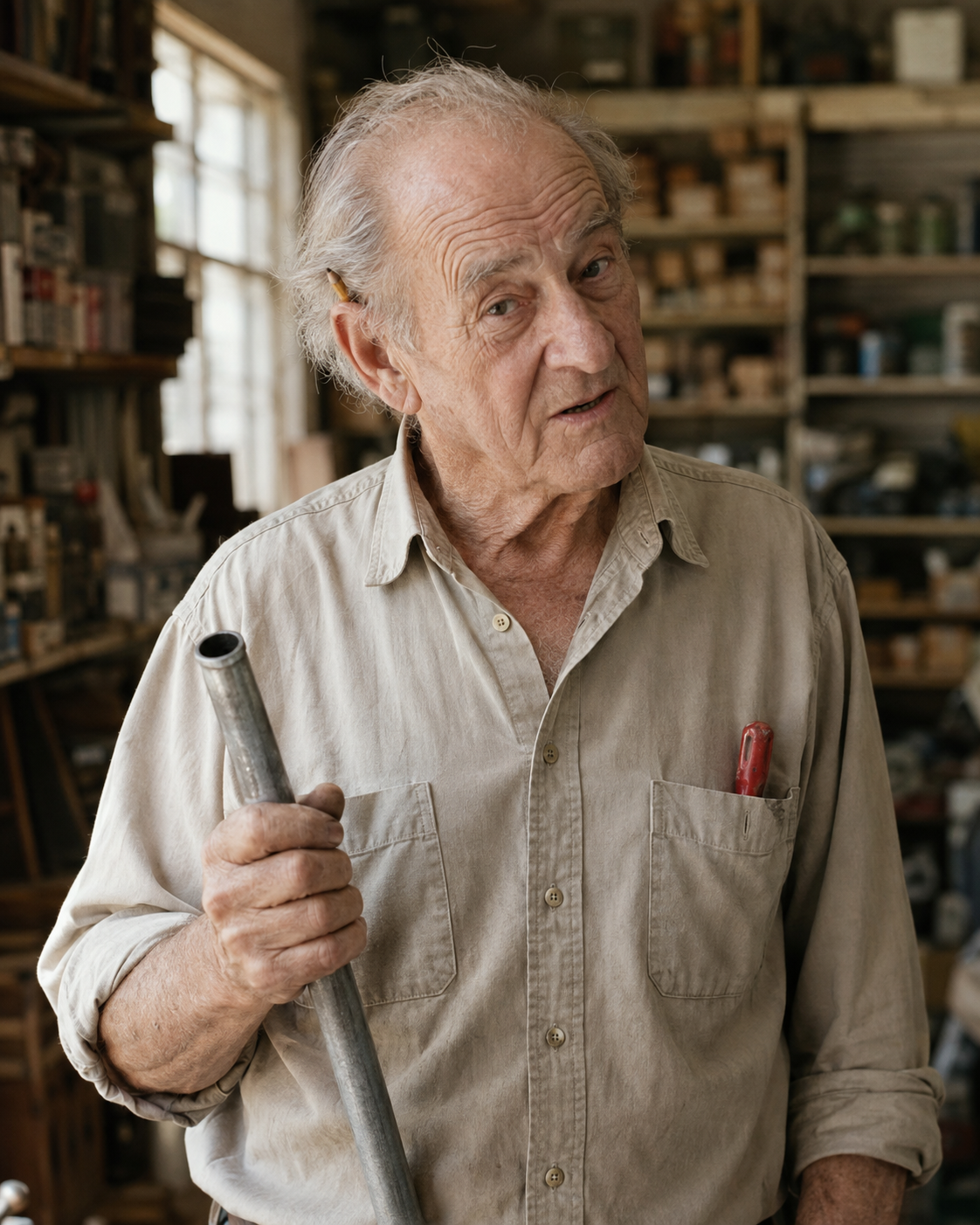 Michael, an electrician, holding a length of metal conduit, a red screwdriver in his shirt pocket.