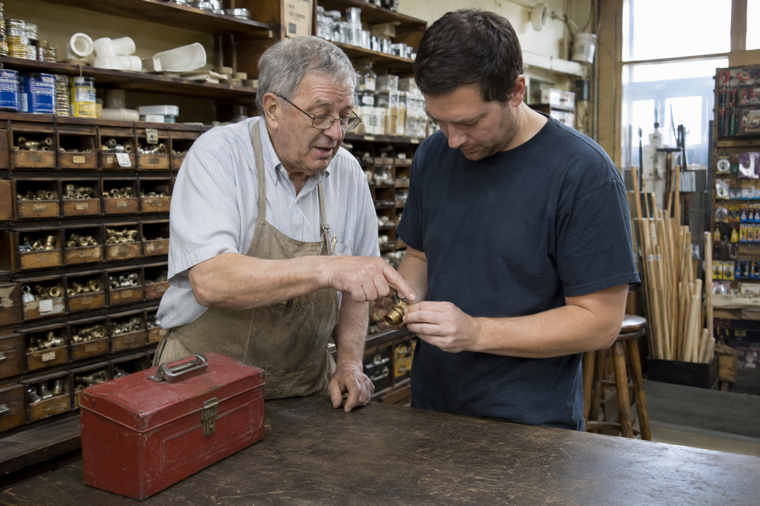 An experienced counter-hand in a work apron pointing at a brass pipe fitting a customer is holding, both absorbed in the problem.