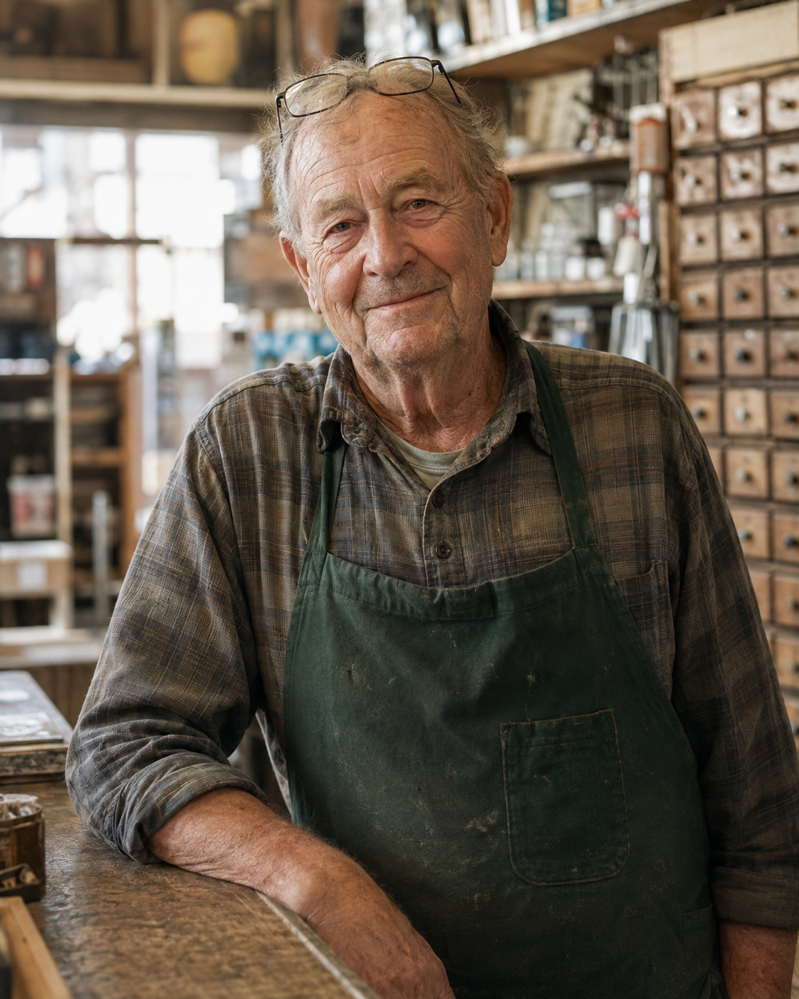 Ray, an older plumber in a green work apron, behind the counter.