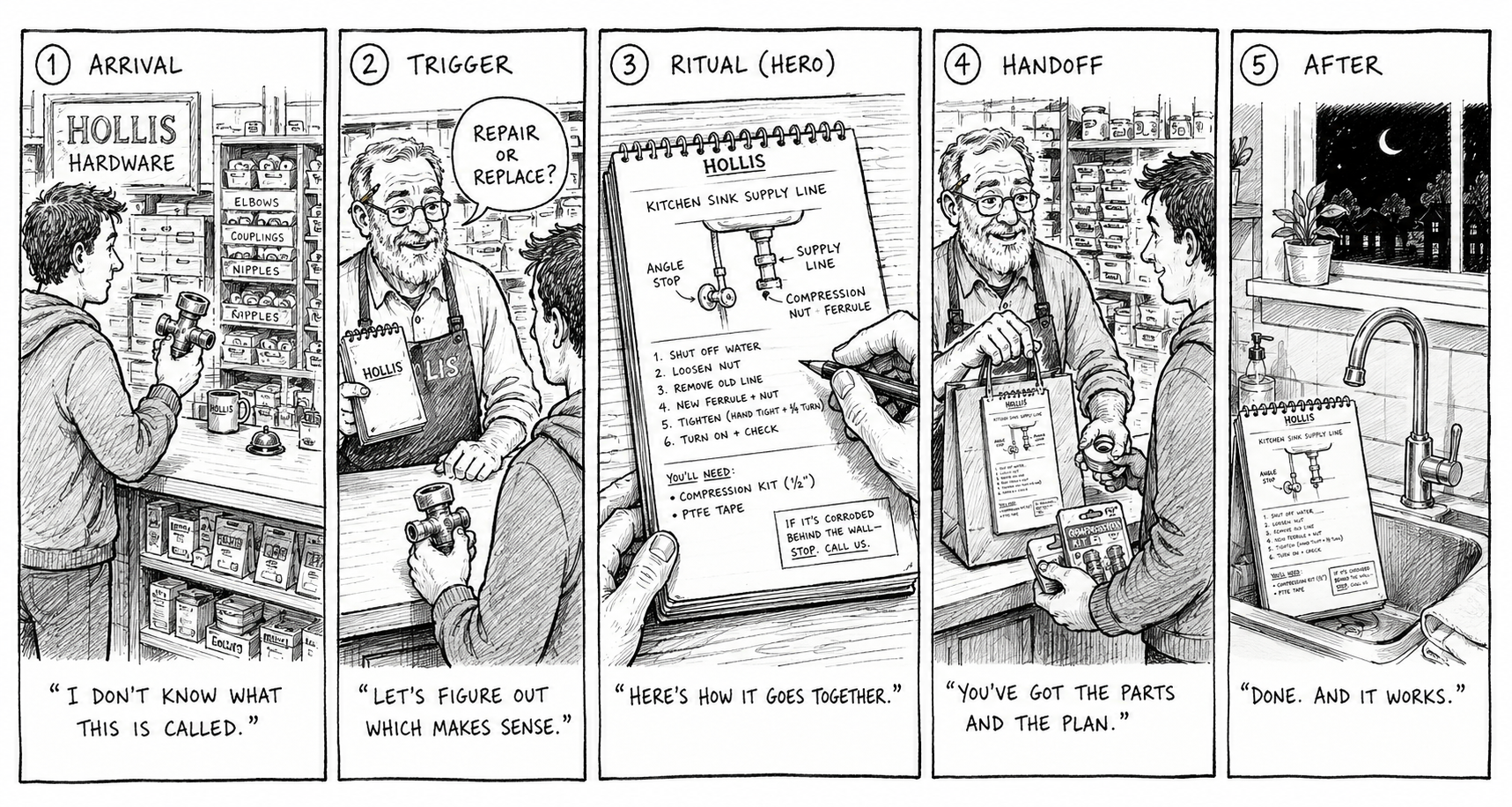Five-panel hand-drawn storyboard of the Hollis Hardware ritual: a customer arrives with a broken part, Ray asks 'repair or replace?', sketches the job on a branded Hollis pad, hands it over with the parts, and the customer finishes the job at home that night.