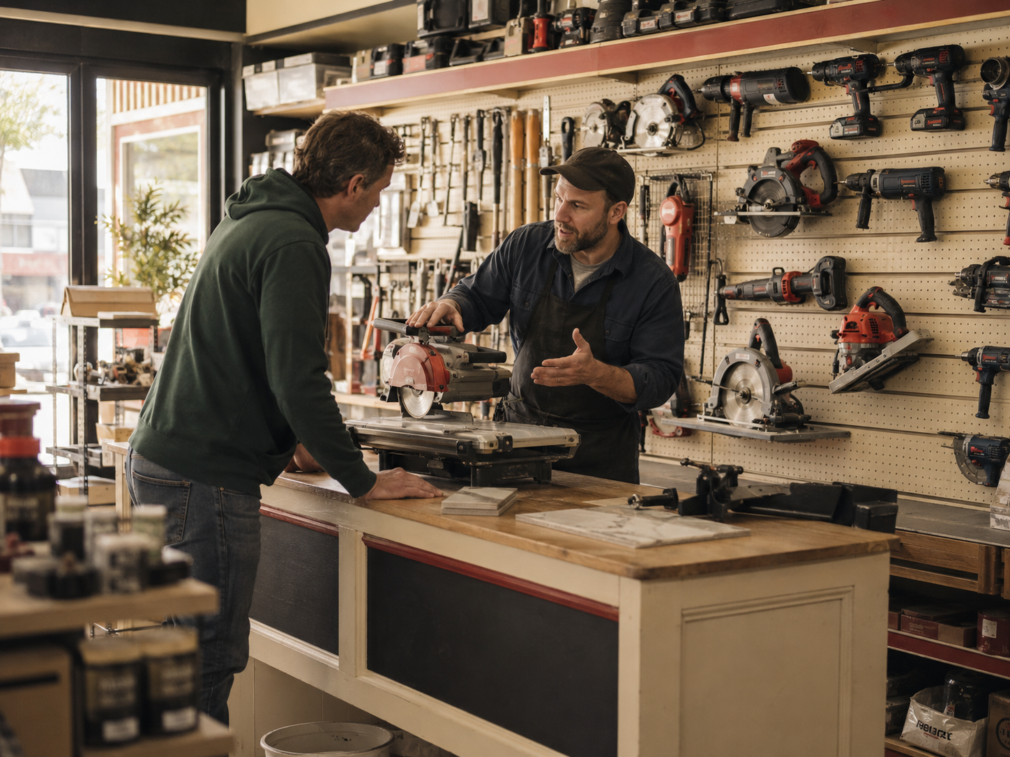 A homeowner lifting a pro tile-cutting saw from the Lending Bench wall.