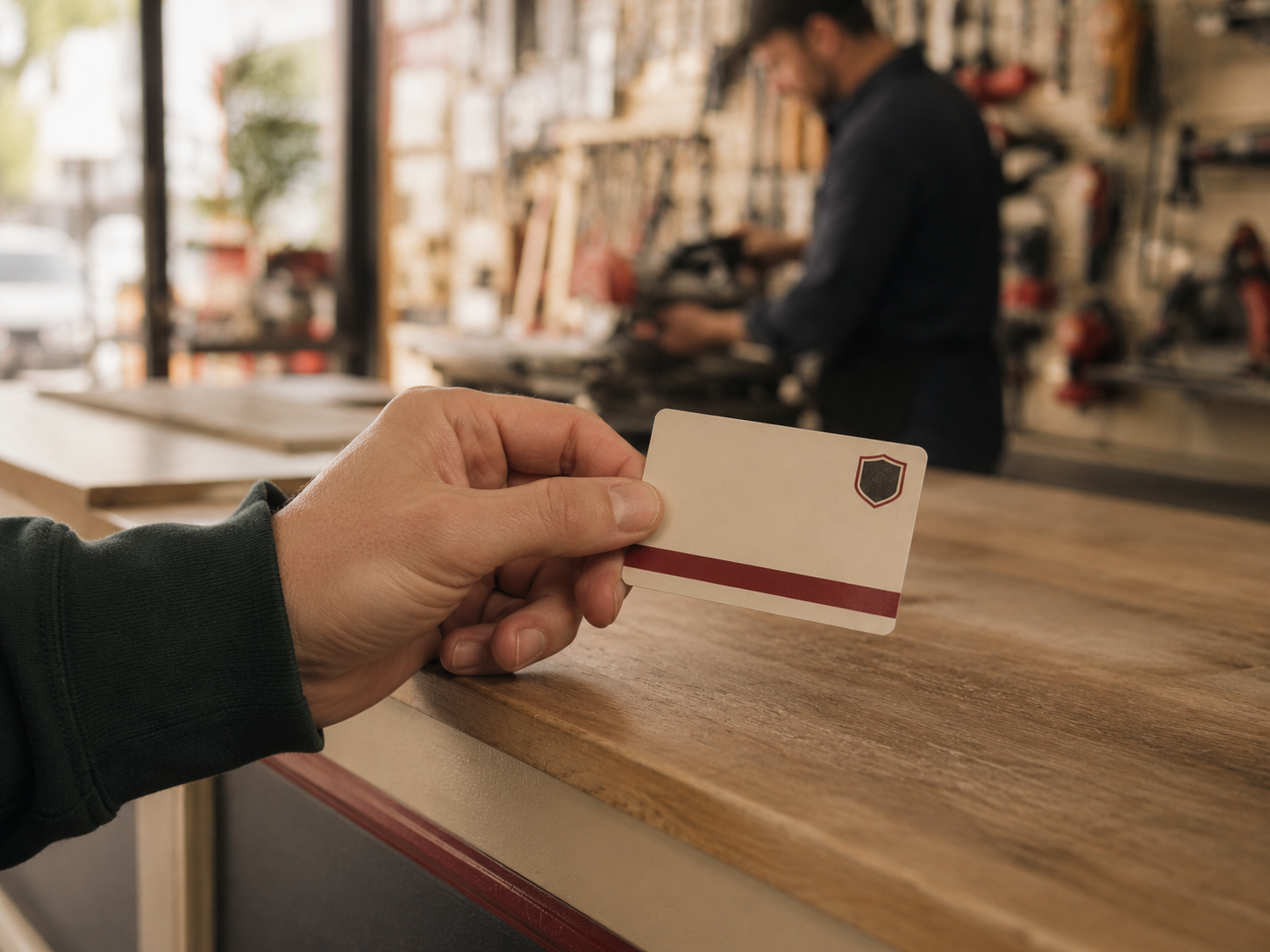 A Lending Bench membership card held at the hardware store counter.